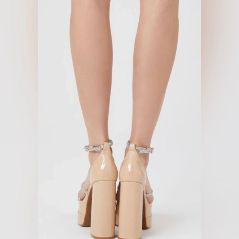 Forever 21 Rhinestone Stacked Ultra High Block‎ Heels Sz 6.5 Square Toe Cream